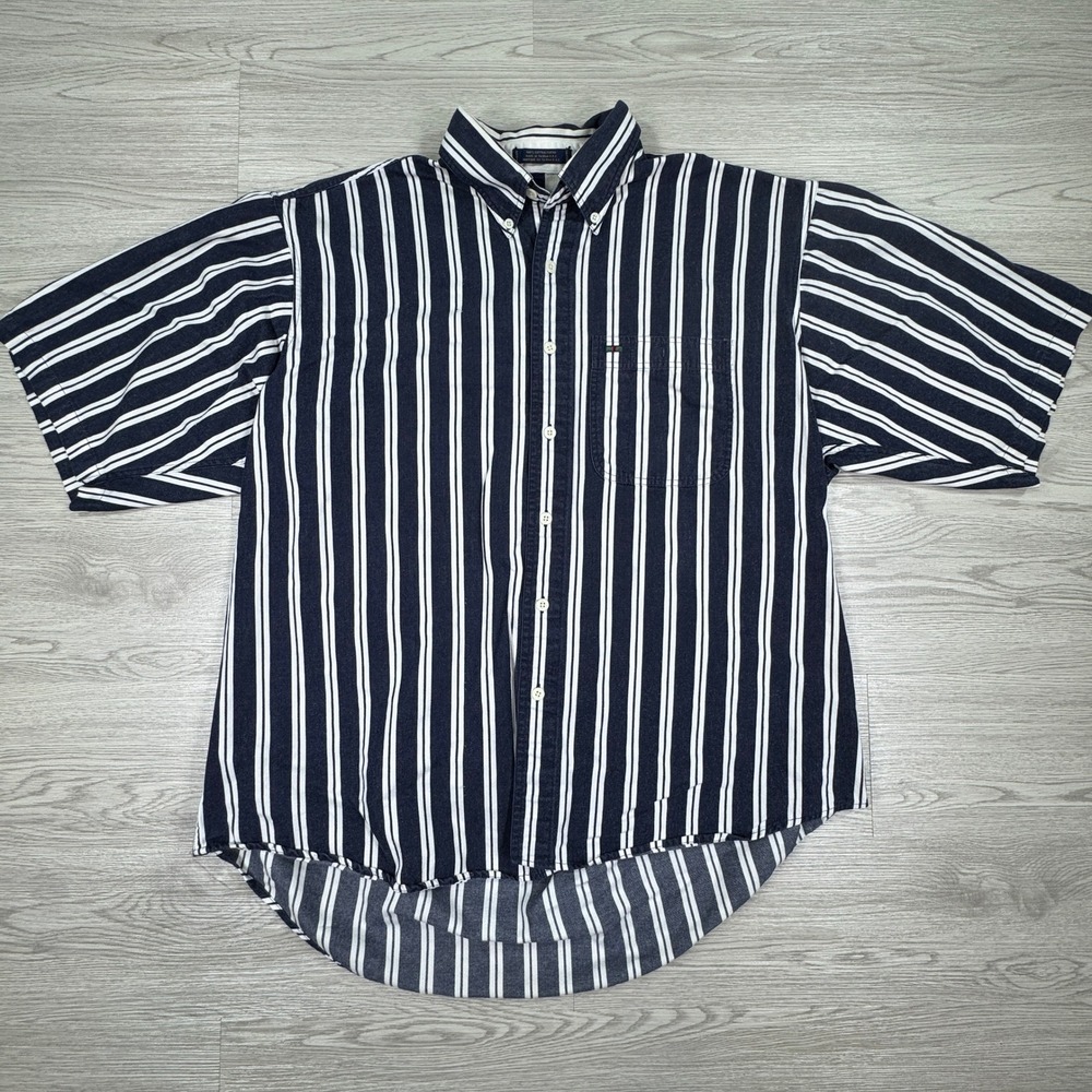 Colours by Alexander Julian Mens Shirt Large Navy Blue White Striped Button Down